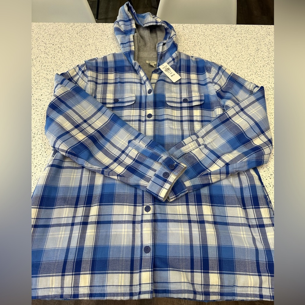 L.L. Bean fleece lined plaid flannel button up hoodie